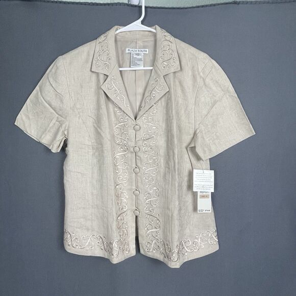 Plaza South Women 12 Beige Short Sleeve Linen Blend Cottagecore Embroidery - Picture 1 of 13